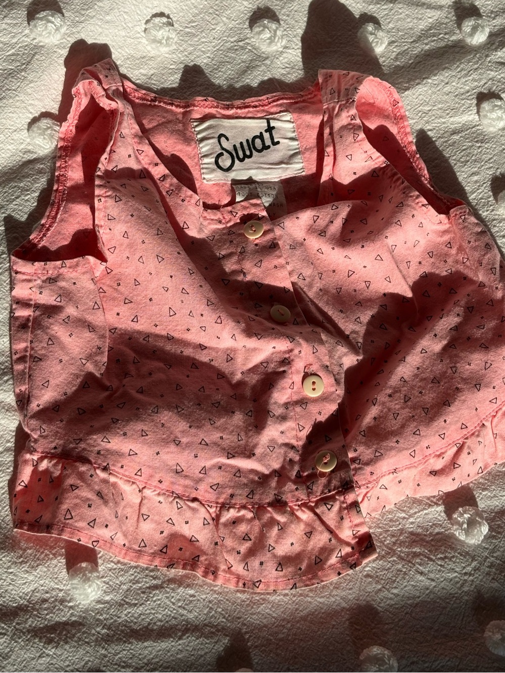 Swat Vintage Kids Tank Top Button Front Ruffle Hem in Coral with Triangle Print